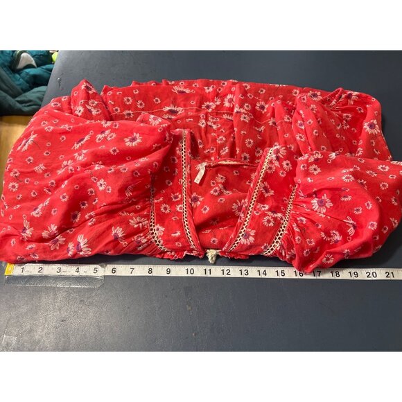 Free People XS Red Floral Boho Blouse With Tie Front & Lace Details Lagenlook - Picture 4 of 10